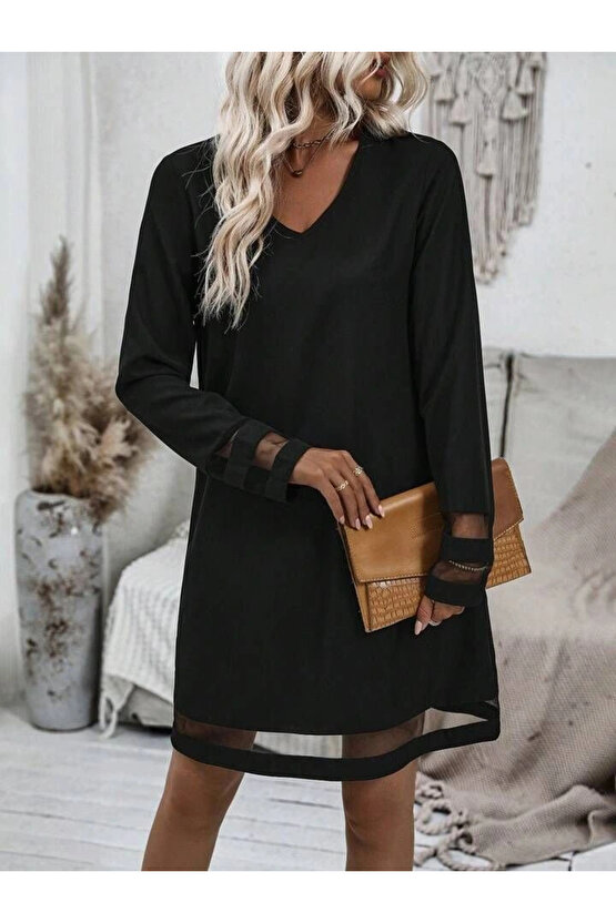 Kadın Uzun Kollu V Yakalı Tül şerit Detaylı Mini Krep Elbise