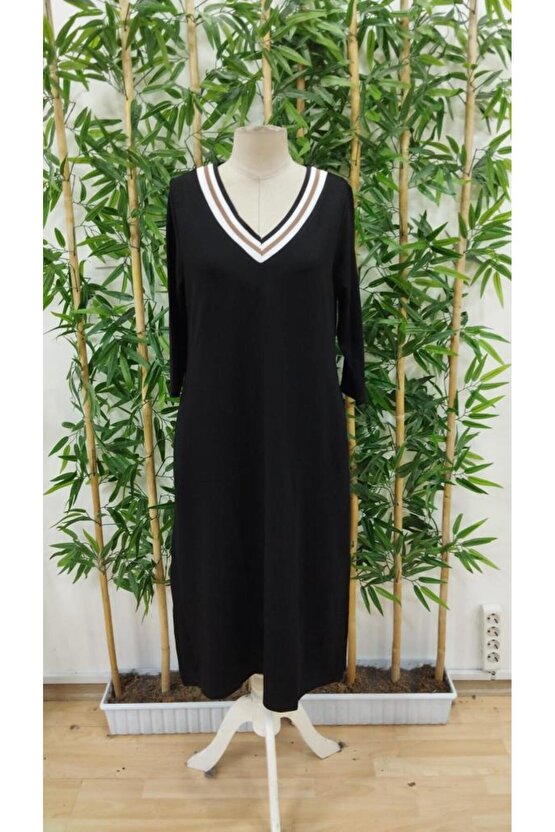 Kadın Uzun Kollu V şerit Yakalı Viskon Iki Iplik Elbise