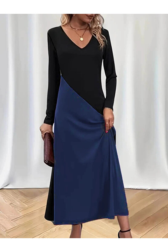 Kadın Uzun Kollu V Yakalı Blok Desenli Viskon Elbise