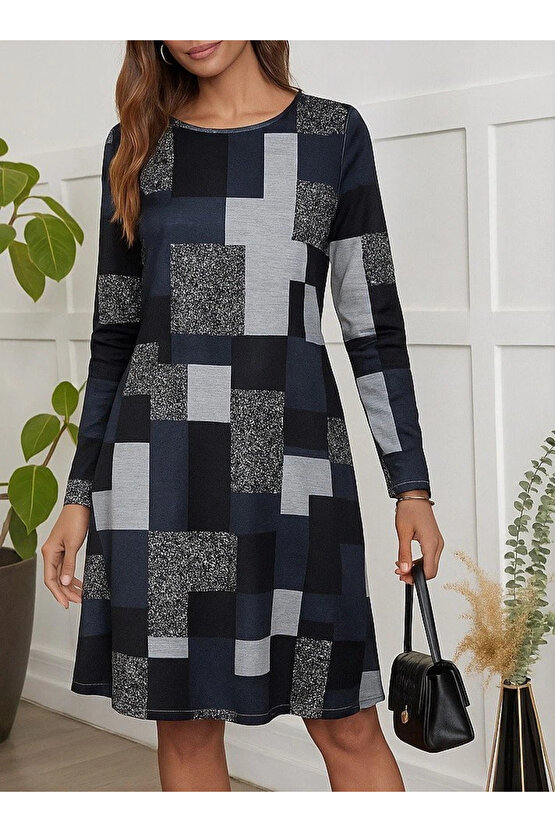 Kadın Uzun Kollu Yuvarlak Yaka Geometrik Süprem Elbise