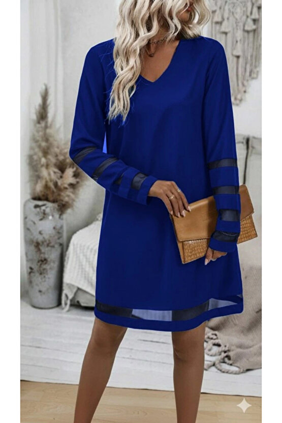 Kadın Uzun Kollu V Yakalı Tül şerit Detaylı Mini Krep Elbise