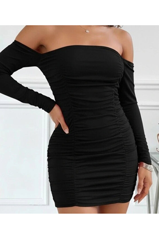 Kadın Uzun Kollu Omuzlardan Açık Takma Kollu Büzgülü Sandy Kısa Elbise