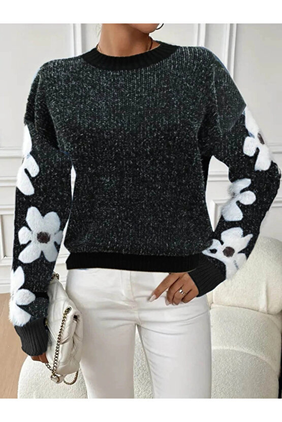 Kadın Uzun Kollu Bisiklet Yaka çiçek Desenli Triko Bluz