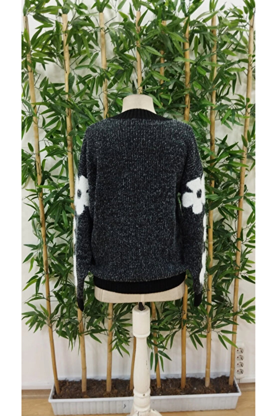 Kadın Uzun Kollu Bisiklet Yaka çiçek Desenli Triko Bluz