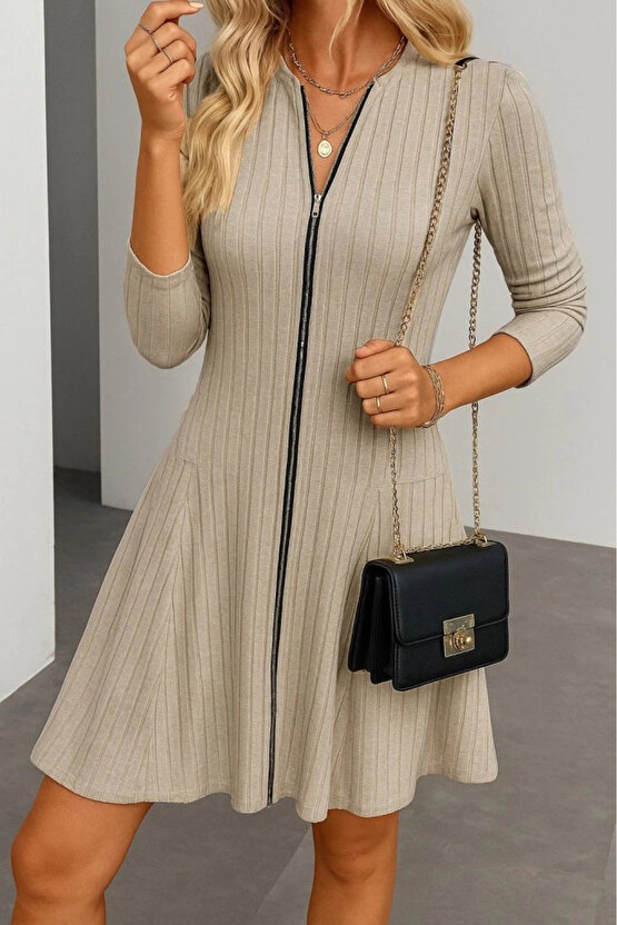 Kadın Uzun Kollu önden Fermuarlı Pileli şardonlu Kaşkorse Mini Elbise