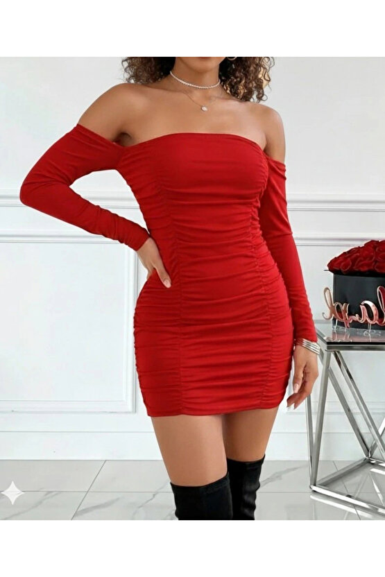 Kadın Uzun Kollu Omuzlardan Açık Takma Kollu Büzgülü Sandy Kısa Elbise