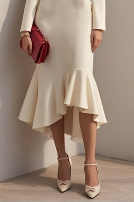 EQURİ Kadın Uzun Kollu Yakalı Belden Oturtmalı Midi Ithal Krep Elbise