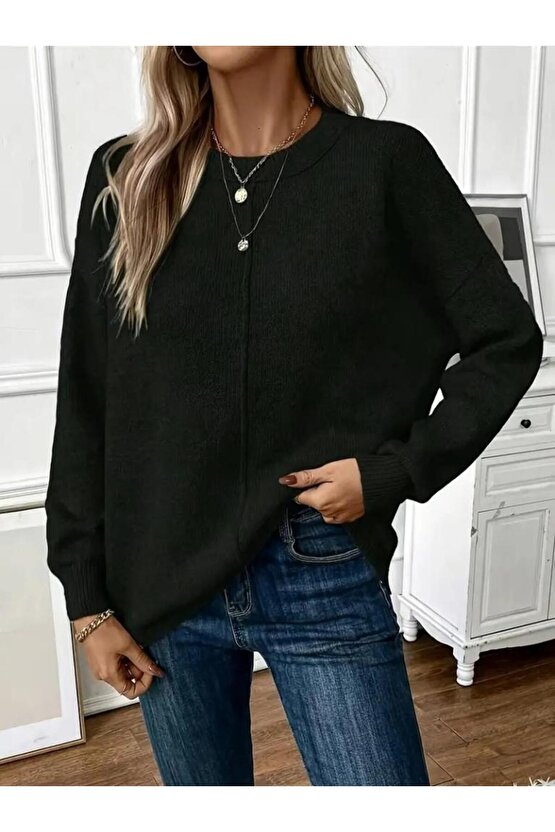 Kadın Uzun Kollu Bisiklet Yaka Düşük Omuz Detaylı Triko Bluz