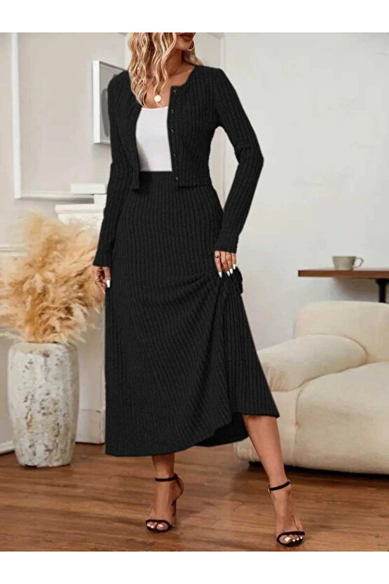 Kadın Uzun Kollu önden Düğmeli Bluz Ve Yüksek Bel A Kesim Uzun Etek şardonlu Kaşkorse Ikili Takım