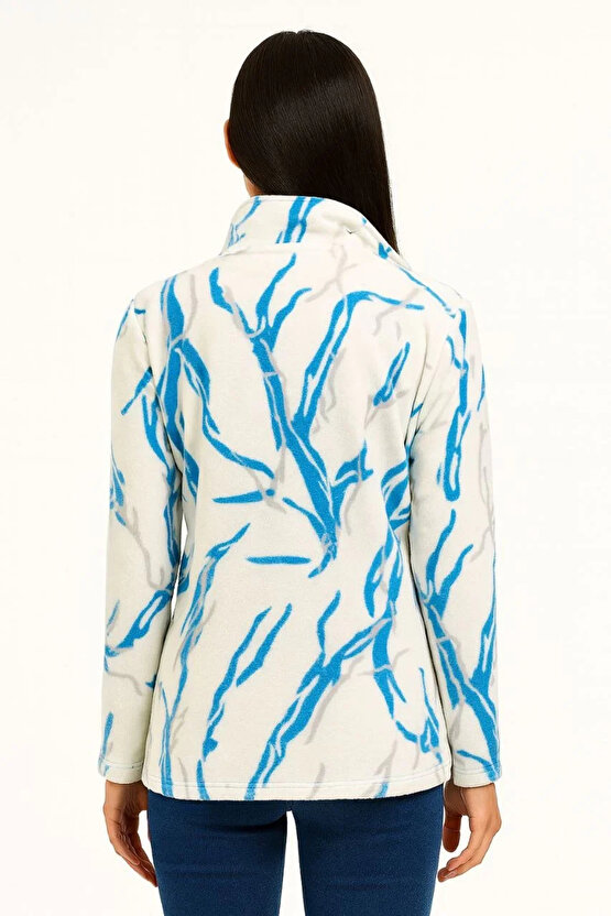 Kadın Tam Fermuarlı Desenli Polar Sweat Lightning Desen Yakalı, Uzun Kollu, Oversize Rahat Kalıp - B