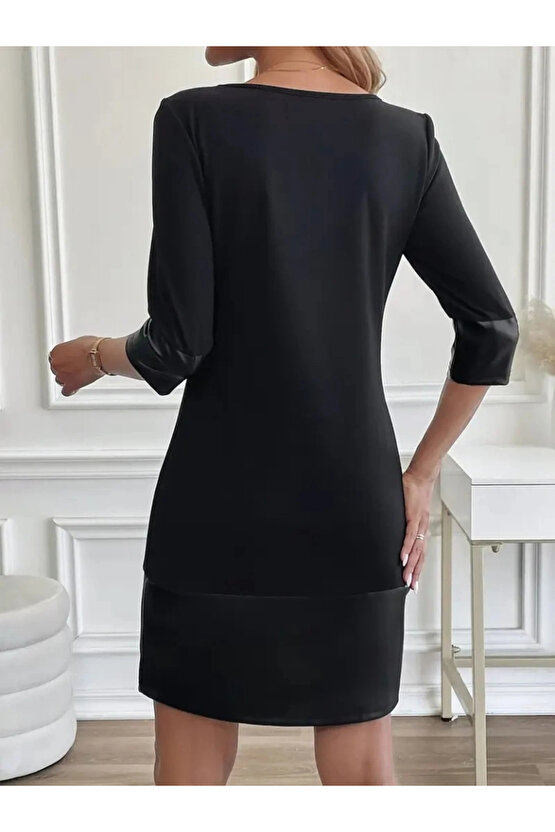 Kadın Uzun Kollu Bisiklet Yaka Deri Detaylı Ithal Krep Elbise
