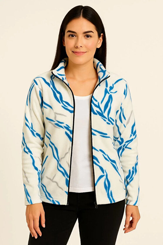 Kadın Tam Fermuarlı Desenli Polar Sweat Lightning Desen Yakalı, Uzun Kollu, Oversize Rahat Kalıp - B