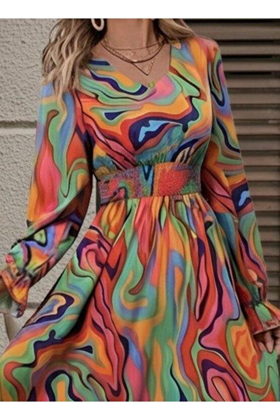 Kadın Uzun Kollu V Yakalı Desenli Maxi Süprem Elbise