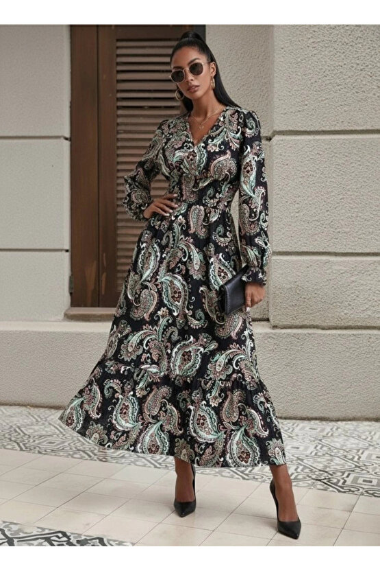 Kadın Uzun Kollu Kruvaze Yaka Beli Lastikli Uzun Desenli Maxi Elbise