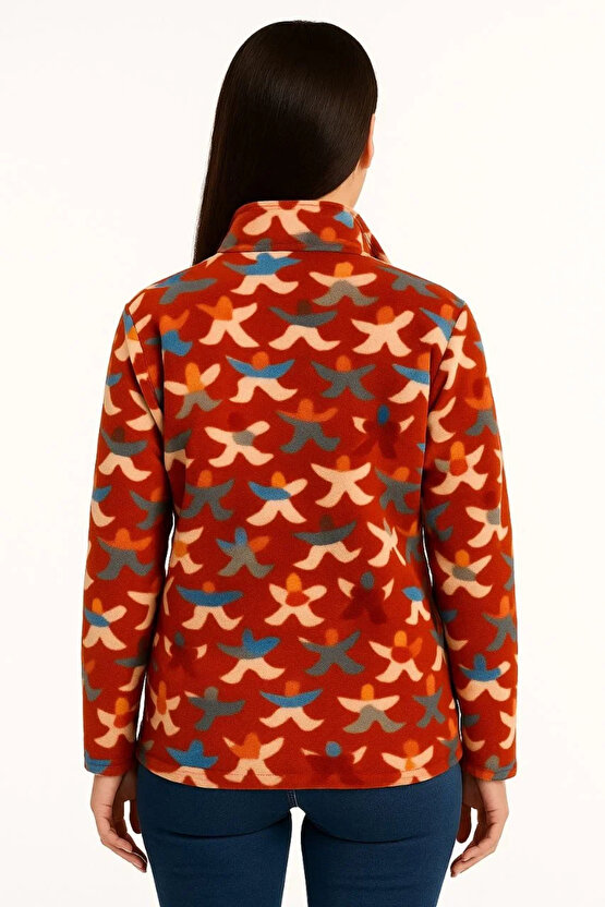 Kadın Tam Fermuarlı Desenli Polar Sweat – Siyah Multicolor Figür Desen Yakalı, Uzun Kollu, Oversize