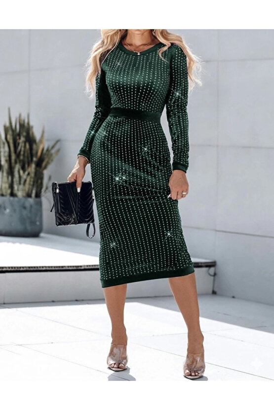 Kadın Uzun Kollu Bisiklet Yaka Taşlı Midi Kadife Elbise