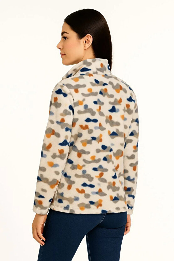 Kadın Tam Fermuarlı Desenli Polar Sweat – Siyah Multicolor Figür Desen Yakalı, Uzun Kollu, Oversize