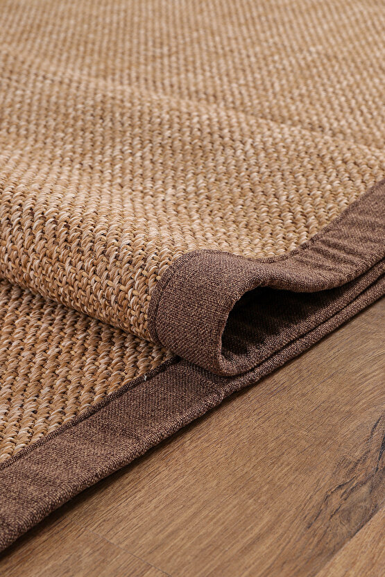 0604-Kahve Kumaş Bordür Sisal Halı Kilim Hav Toz Vermez Kolay Temizlenen Hasır Kilim