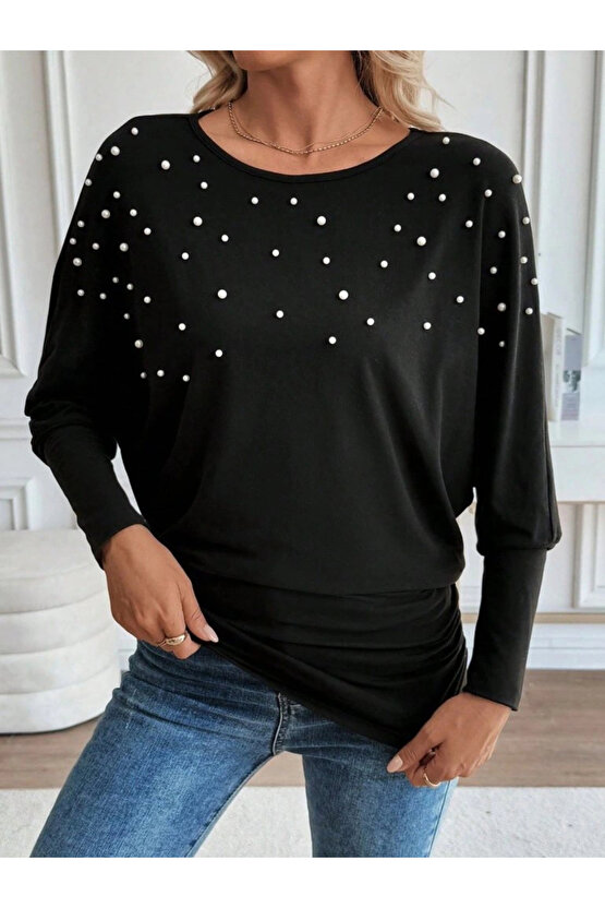 Kadın Uzun Kollu Yuvarlak Yaka Incili Viskon Bluz