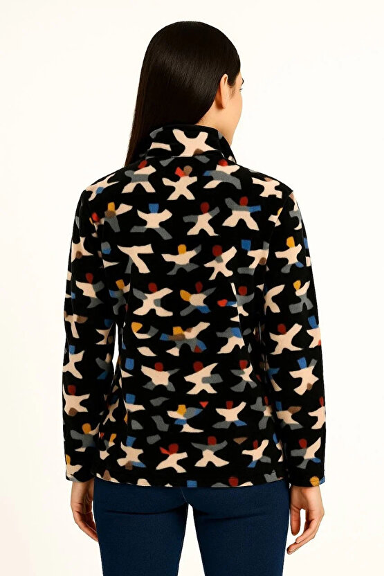 Kadın Tam Fermuarlı Desenli Polar Sweat – Siyah Multicolor Figür Desen Yakalı, Uzun Kollu, Oversize
