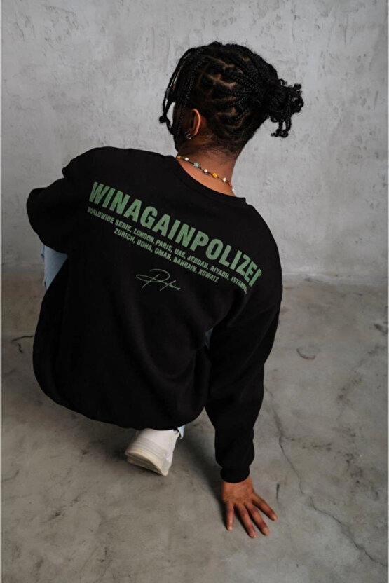 Erkek Oversize Sweatshirt – Siyah Renk Ön Ve Sırt Baskılı, Üç İplik İçi Pamuklu Kumaş, Rahat Kalıp,