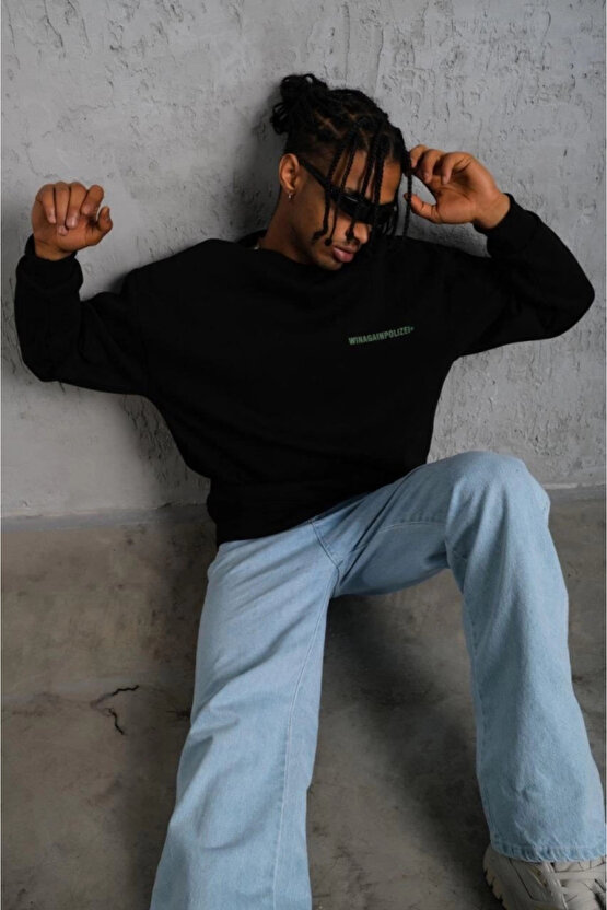 Erkek Oversize Sweatshirt – Siyah Renk Ön Ve Sırt Baskılı, Üç İplik İçi Pamuklu Kumaş, Rahat Kalıp,