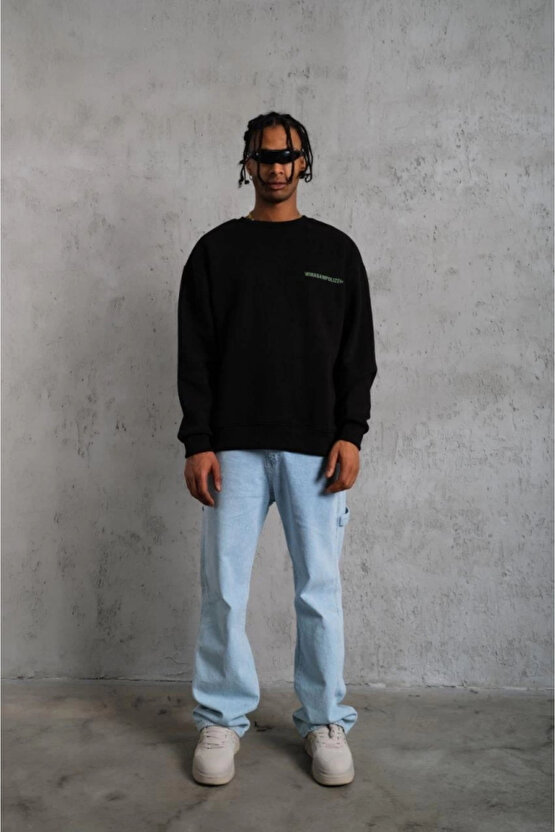 Erkek Oversize Sweatshirt – Siyah Renk Ön Ve Sırt Baskılı, Üç İplik İçi Pamuklu Kumaş, Rahat Kalıp,
