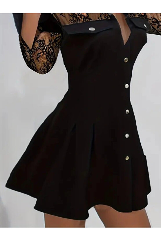 Kadın Uzun Kollu Yakalı önden Düğmeli Cep Detaylı Mini Modal Elbise