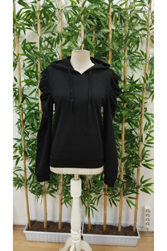 Kadın Uzun Kollu Kapşonlu Bağcıklı Kollarda Büzgü Detaylı Iki Iplik Bluz