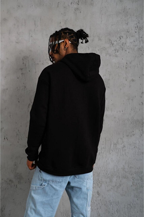 Erkek Oversize Kapüşonlu Sweatshirt – Siyah Renk Üç İplik İçi Pamuklu Kanguru Cepli Baskılı Hoodie R