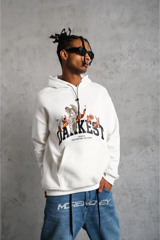 Erkek Oversize Kapüşonlu Sweatshirt – Beyaz Renk Üç İplik İçi Pamuklu Kanguru Cepli Baskılı Hoodie R