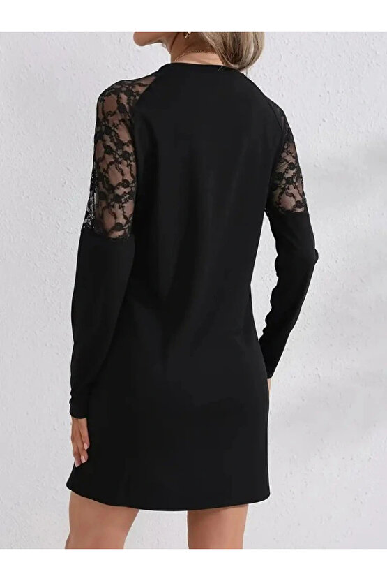 Kadın Uzun Kollu Bisiklet Yaka Dantel Detaylı Visk8n Iki Iplik Düğmeli Mini Elbise