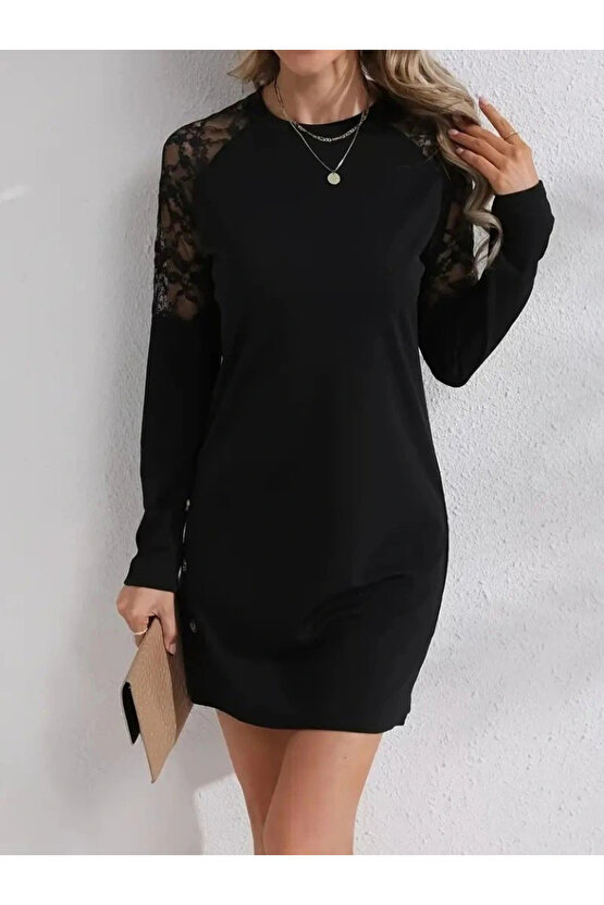 Kadın Uzun Kollu Bisiklet Yaka Dantel Detaylı Visk8n Iki Iplik Düğmeli Mini Elbise