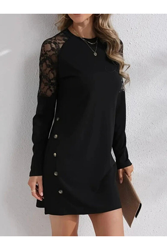 Kadın Uzun Kollu Bisiklet Yaka Dantel Detaylı Visk8n Iki Iplik Düğmeli Mini Elbise