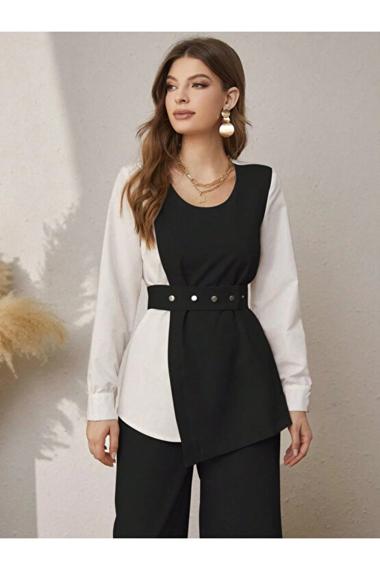 Kadın Uzun Kollu Açık Yakalı çift Renkli Kemerli Ithal Krep Ikili Takım