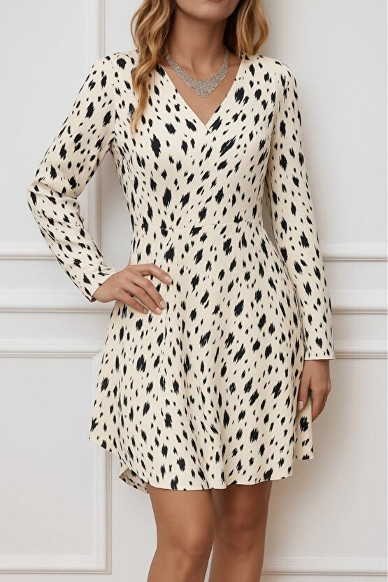 Kadın Uzun Kollu V Yakalı Desenli Kısa Keten Elbise