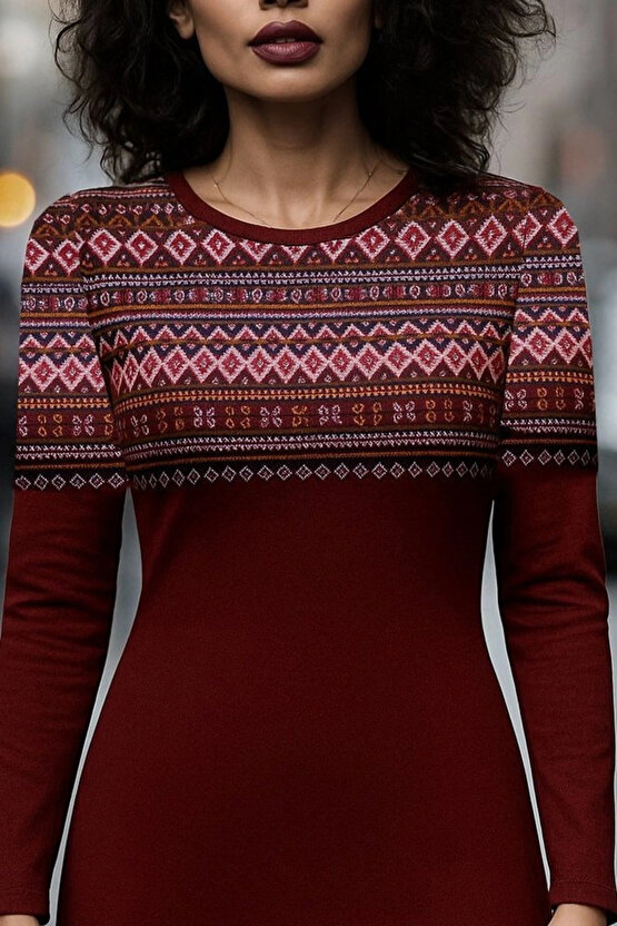 Kadın Uzun Kollu Bisiklet Yaka Etnik Desenli Kısa şardonlu Dalgıç Elbise