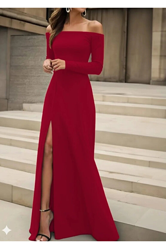 Kadın Uzun Kollu Madonna Yakalı Yırtmaç Detaylı Uzun Ithal Krep Elbise