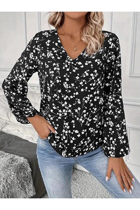 Kadın Uzun Kollu V Yakalı çiçek Desenli Modal Bluz