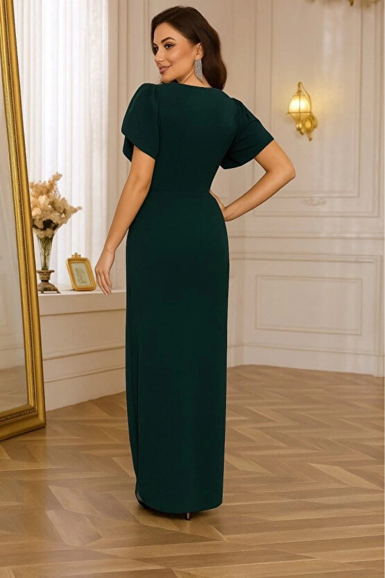 Kadın Kısa Kollu Kruvaze Yakalı Belden çiçek Aksesuarlı Yırtmaçlı Ithal Krep Elbise