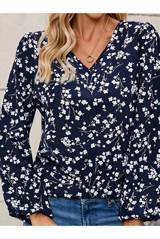 Kadın Uzun Kollu V Yakalı çiçek Desenli Modal Bluz