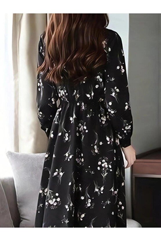 Kadın Uzun Kollu Hakim Yakalı Düğmeli Kuşaklı Desenli Maxi Mikro Süprem Elbise