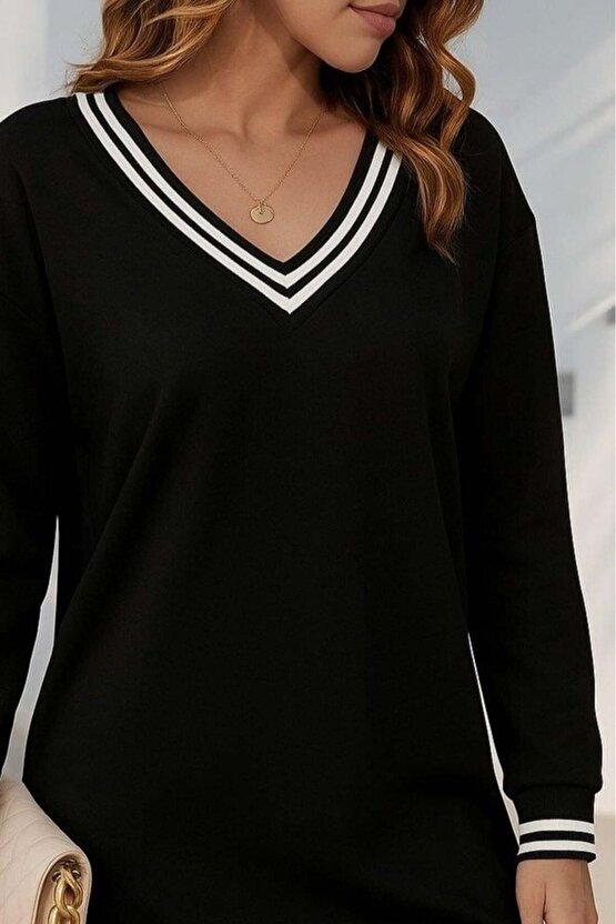 Kadın Uzun Kollu V Yakalı şerit Detaylı Kısa Viskon Iki Iplik Elbise