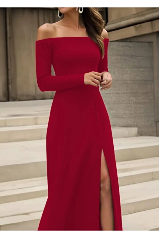 Kadın Uzun Kollu Madonna Yakalı Yırtmaç Detaylı Uzun Ithal Krep Elbise