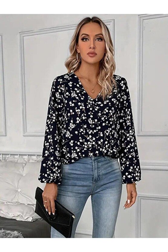 Kadın Uzun Kollu V Yakalı çiçek Desenli Modal Bluz