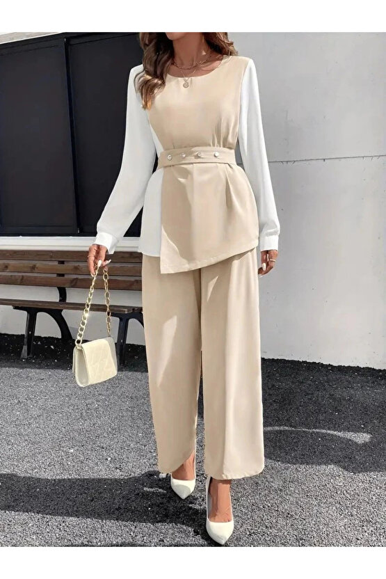 Kadın Uzun Kollu Açık Yakalı çift Renkli Kemerli Ithal Krep Ikili Takım