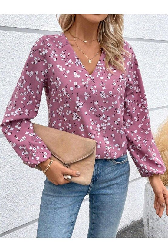 Kadın Uzun Kollu V Yakalı çiçek Desenli Modal Bluz