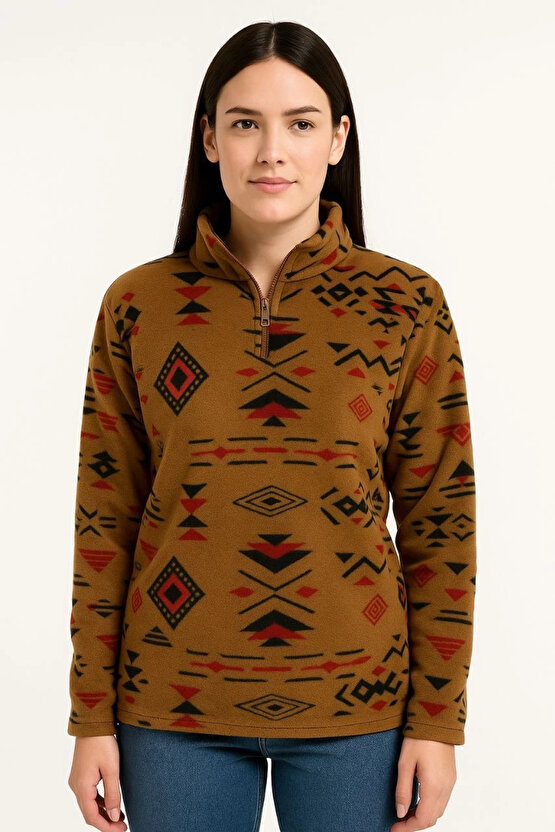 Kadın Yarım Fermuarlı Desenli Polar Sweat Tribal Etnik Desen Yakalı, Uzun Kollu, Oversize Rahat Kalı
