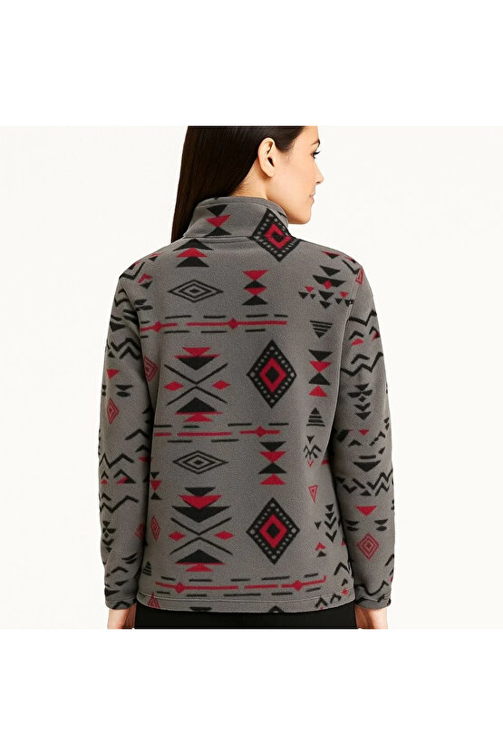 Kadın Yarım Fermuarlı Desenli Polar Sweat Tribal Etnik Desen Yakalı, Uzun Kollu, Oversize Rahat Kalı