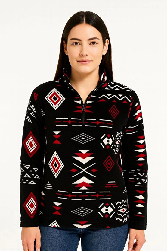 Kadın Yarım Fermuarlı Desenli Polar Sweat Tribal Etnik Desen Yakalı, Uzun Kollu, Oversize Rahat Kalı